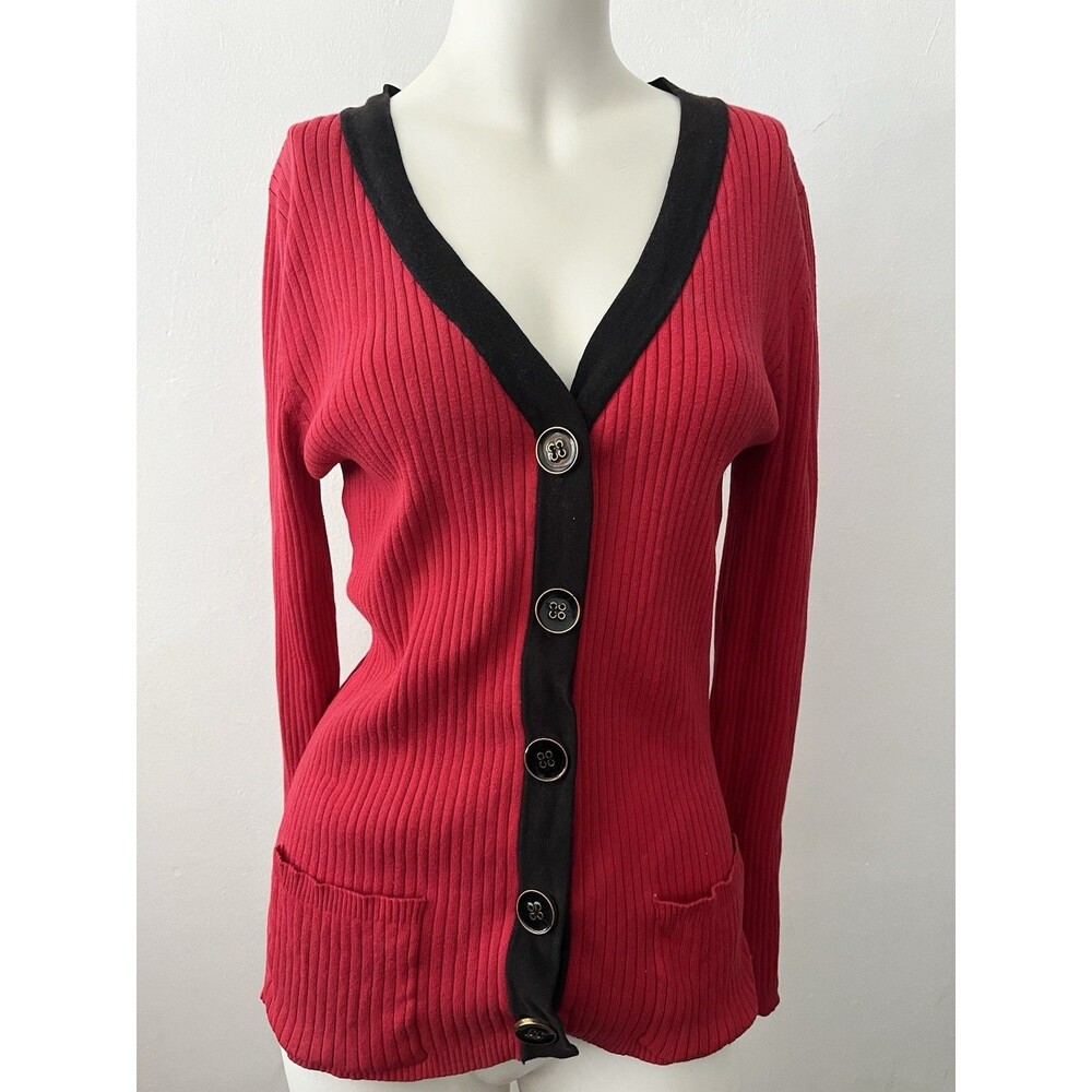 Babette Ballinger Sweater Size M Gothic Red Black Trim Button Front Ribbed Knit